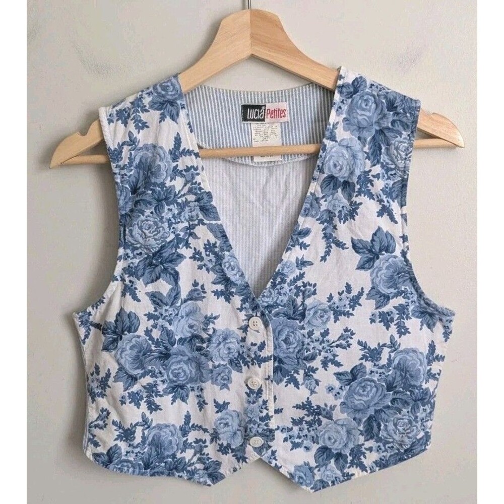 Vintage Romantic Blue Floral Cotton Vest Top Crop Fitted Cottagecore Prairie 4P